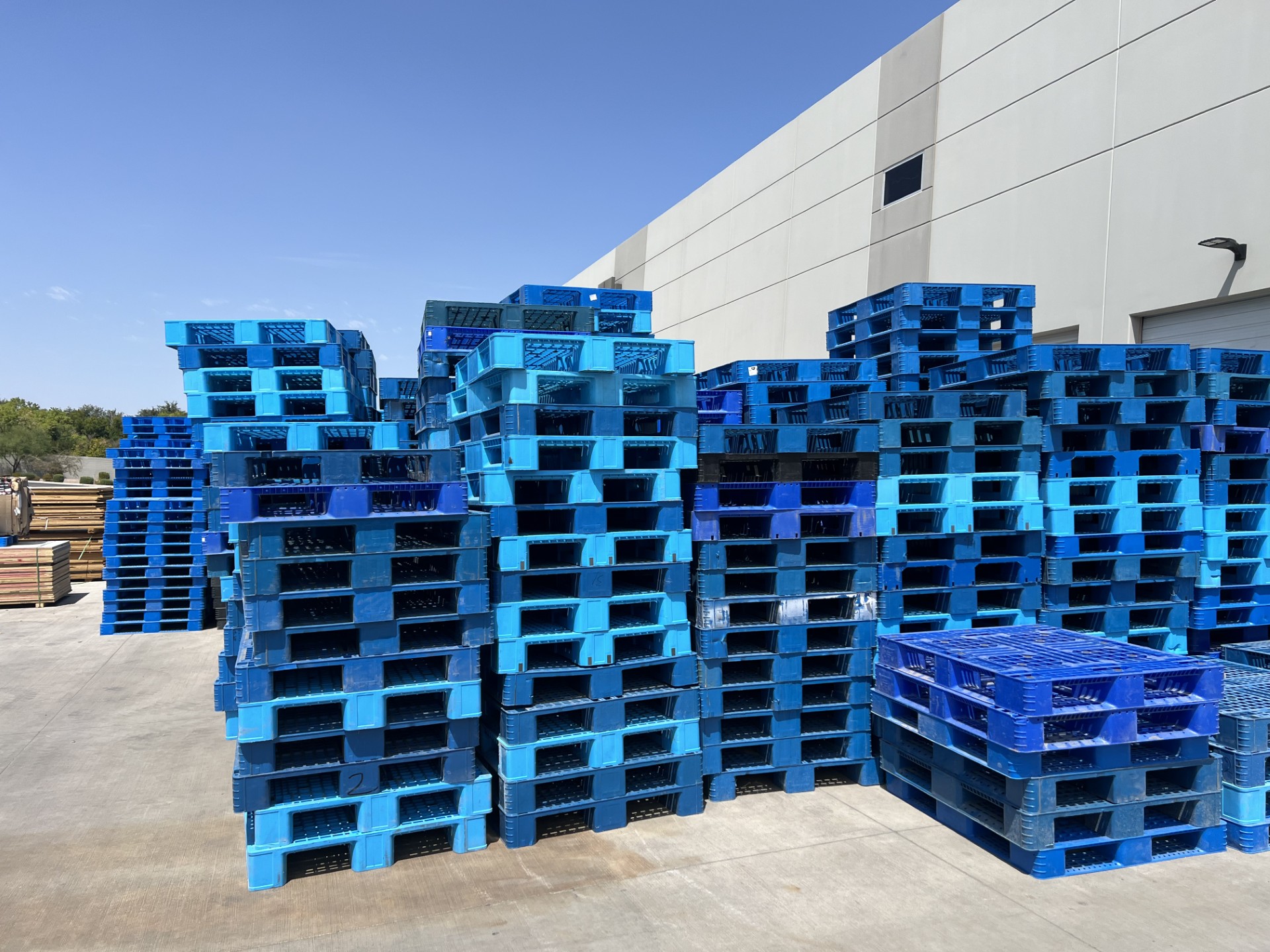 Blue plastic pallets stacked at the yard